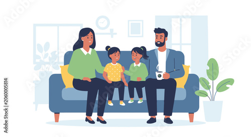 Happy family of four sitting together on a blue couch in a modern living room with plants