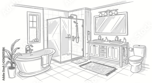 Hand drawn sketch of a modern bathroom interior with bathtub shower and vanity