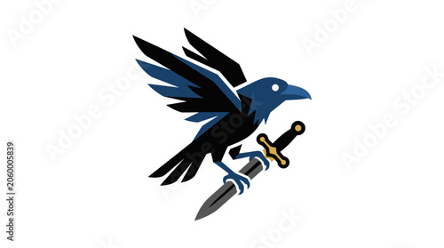 Illustrated blue and black bird holding dagger with hilt in talons