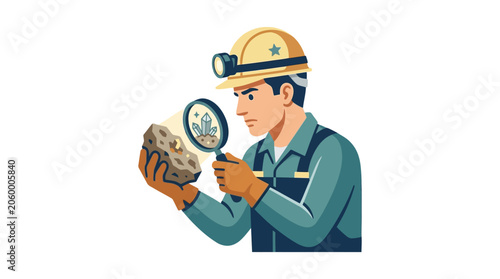 Illustrated geologist examining a rock specimen with a magnifying glass for mining and geology research