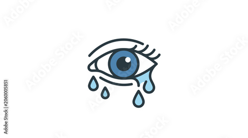 Illustrated blue eye with falling tears on white background