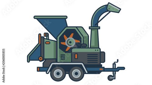 Illustrated green and blue wood chipper machine for landscaping and forestry work