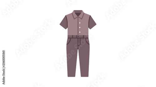 Illustrated short sleeve jumpsuit with collar and buttons on a neutral background