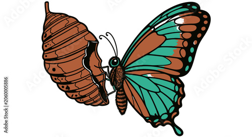 Illustration of a butterfly emerging from its chrysalis representing transformation and new life