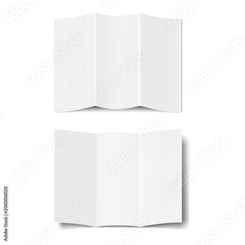 White blank 3-panel roll fold brochure. Realistic vector mockup. Tri-fold, C-fold or letter folded paper card front, back. Mock-up. Trifold leaflet, flyer, booklet. Template for design