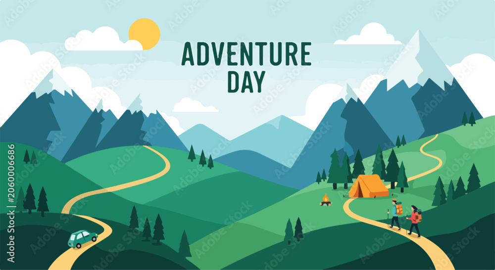 Naklejka premium A scenic landscape with mountains, tents, and people on an adventure