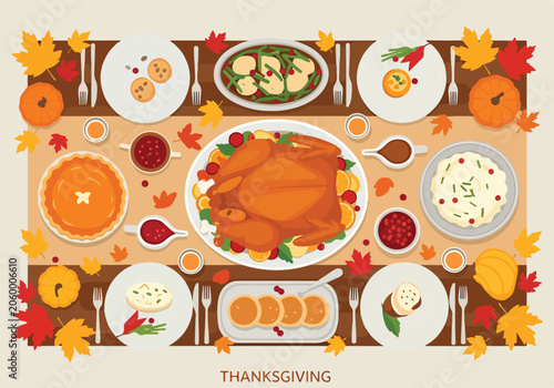 A Thanksgiving feast on a table with autumn leaves and food