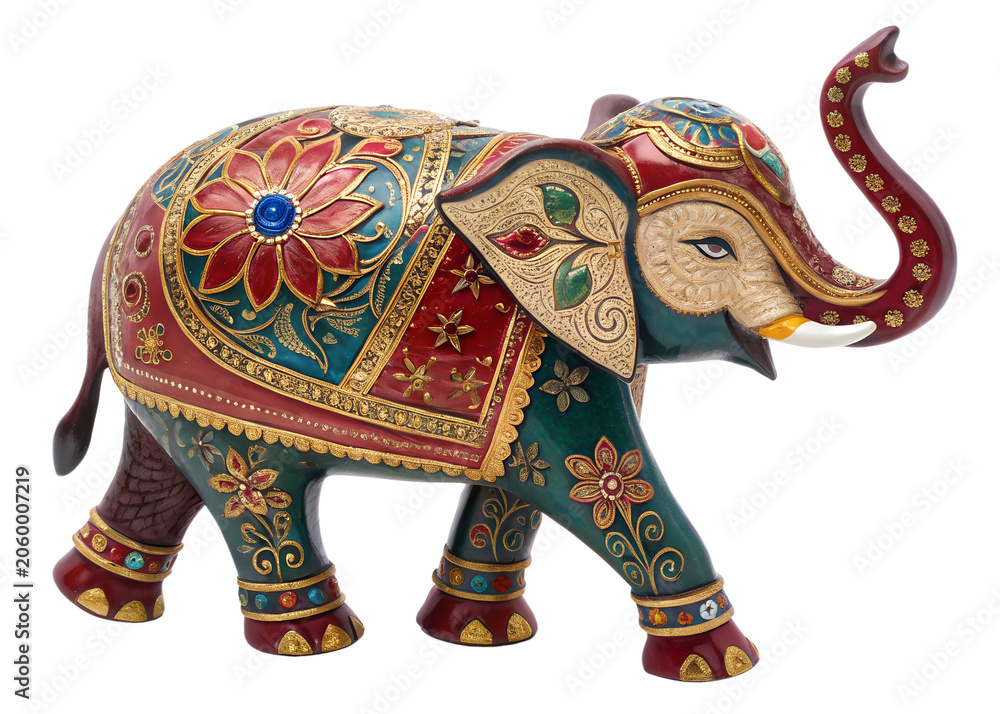 Obraz premium An ornate Indian elephant souvenir figurine, iconic handcrafted collectible, isolated on a white background.