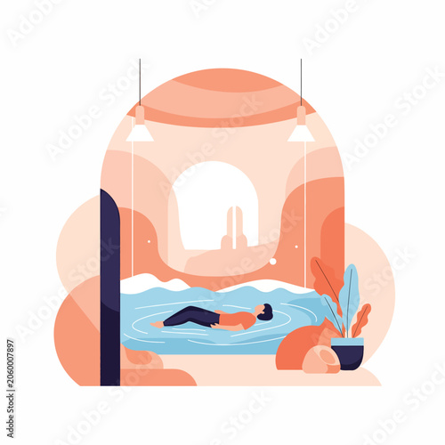 Foto Woman relaxing in floatation therapy tank.