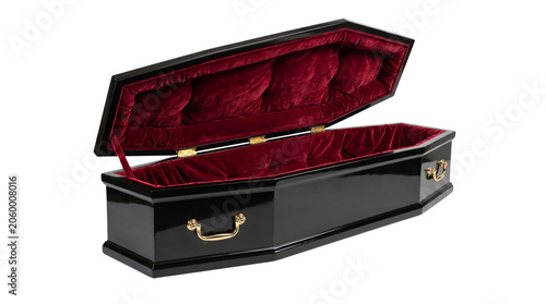 Foto Glossy black open coffin with red velvet interior and golden handles, traditiona