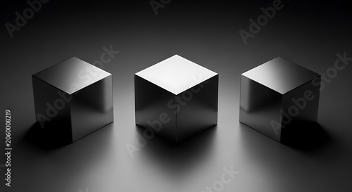 Three reflective metallic cubes on gray background