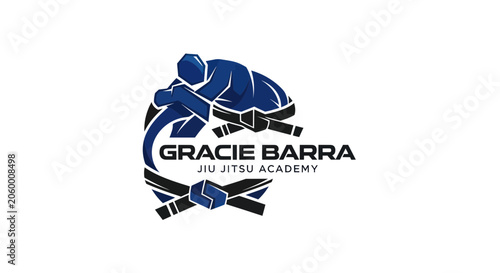 Obraz na płótnie Martial arts jiu jitsu academy logo with blue fighter and black belt