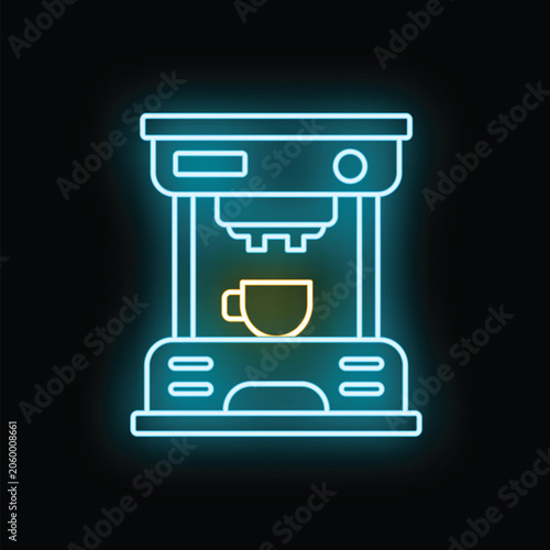 Tableau sur toile Neon line art coffee maker with glowing cup on a black background