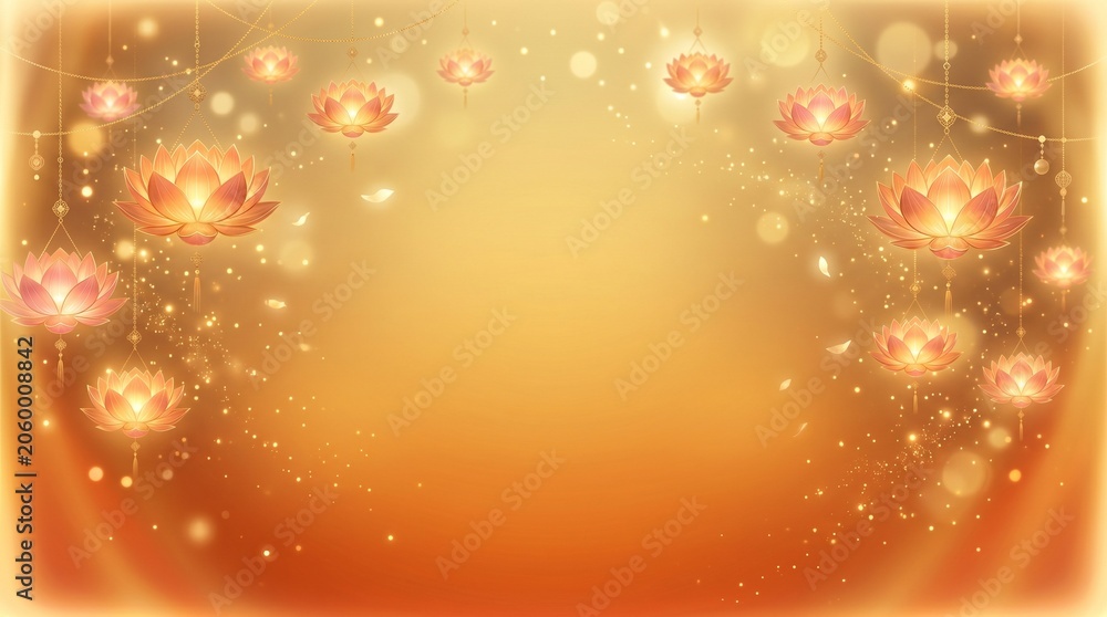 Obraz premium Ullambana Festival banner background, elegant golden and saffron gradient, glowing lotus lantern decorations, peaceful Buddhist spiritual atmosphere