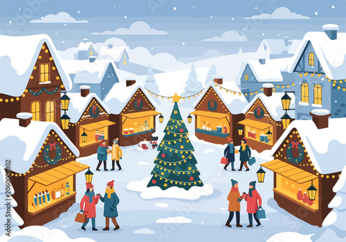 A snowy village square with a Christmas tree