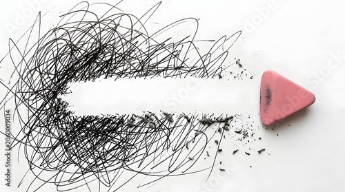 Pink eraser rubbing out scribbled pencil marks to reveal clean white arrow pointing forward representing clarity direction problem solving simplifying complexity and finding the right path forward