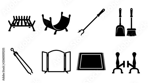 Fireplace Tools Set, Hearth Accessories Collection, Fireplace Grate, Andirons, Fire Irons, Vector Icons For Home Decor And Interior Design