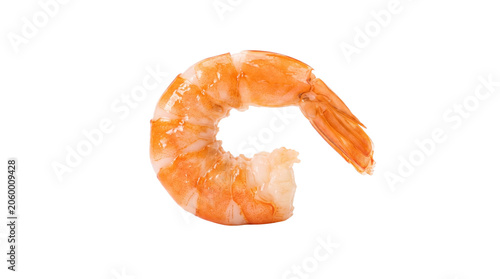 Obraz na plátně Cooked shrimp with tail attached, curved shape, vibrant orange‑pink shellfish, f