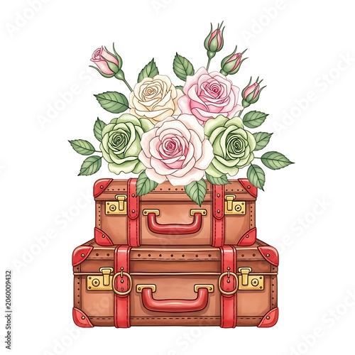 Vintage suitcase with roses illustration