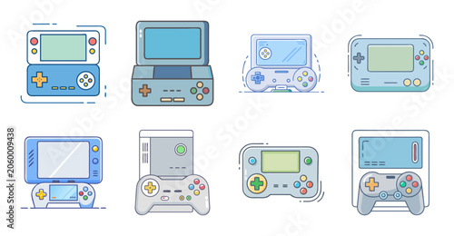 Vintage and modern handheld gaming devices collection - Colorful illustration of classic and retro handheld gaming consoles including Game Boy, Nintendo DS, and similar portable devices.