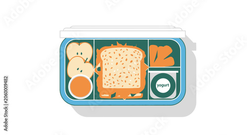 Healthy bento box lunch with sandwich fruit and vegetable compartmentalized meal
