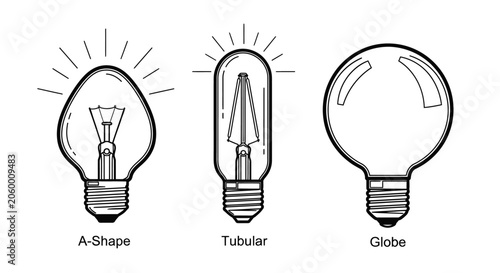Hand drawn sketch of three common light bulb shapes with labels