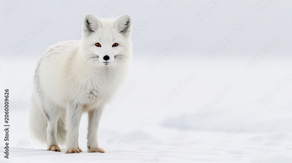 Fototapeta premium A pristine white arctic fox with striking orange eyes is captured in a minimalist composition standing in the snowy wilderness of the tundra under natural light offering ample white copy space