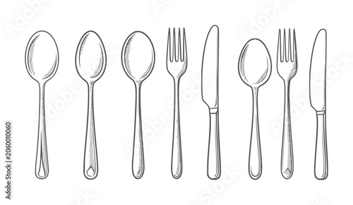 Hand drawn of assorted cutlery including spoons forks and knives knife silverware