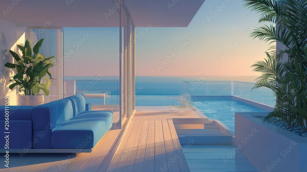 Fototapeta premium Bright White Interior Opening to Oceanfront Terrace and Endless Pool View