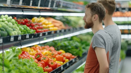 A couple of men are seen in a supermarket produce section carefully choosing various fresh vegetables from well  ed display shelves filled with colorful healthy options