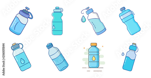 Colorful water bottles with ice cubes floating - Illustrated set of modern blue water bottles with ice cubes and refreshing drinks in a cheerful, vibrant style.