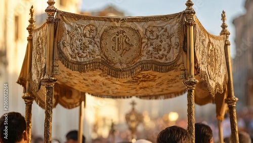 baldachin. A ceremonial procession with a richly decorated fabric canopy held aloft on four poles. event programs, museum guides, designed for cultural heritage projects and event programs.