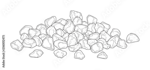 Pile of irregular shaped pebbles drawn in black and white style stones rocks heap