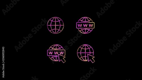 Glowing Animated Blue WWW Globe Icon World Wide Web Internet Symbol with black background.