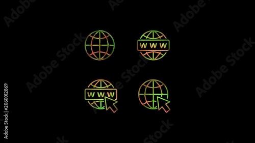 Neon Animated Blue WWW Globe Icon World Wide Web Internet Symbol with black background.