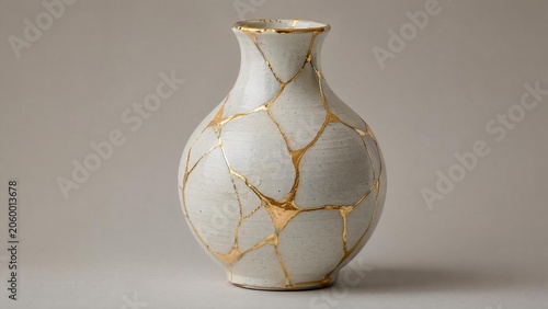 bennington. Shattered ceramic vase repaired with golden lacquer, kintsugi art on simple background. event programs, museum guides, designed for cultural heritage projects and event programs.