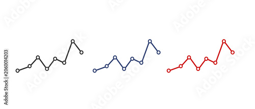 A set of minimalist line charts with circular data points in black, blue, and red, representing financial growth, market trends, and statistical data visualization.