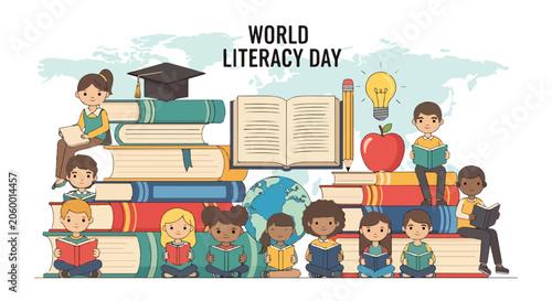 Obraz na płótnie A colorful illustration of kids reading books and celebrating World Literacy Day