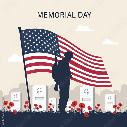 A soldier salutes an American flag at a cemetery