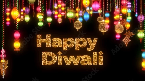 Colorful Diwali decorations with illuminated lanterns and festive lights. Celebrating the festival of lights with joy and vibrancy