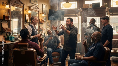 Group of diverse men smoking cigar in traditional barbershop. Friends laughing and sharing story in vintage lounge. Masculine social club atmosphere, leisure activity, lifestyle