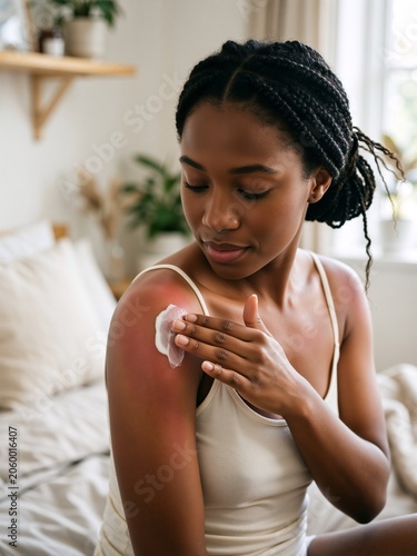 Black woman patient applying soothing cream on sunburnt shoulder in bedroom, skincare treatment and health recovery vertical banner with copy space