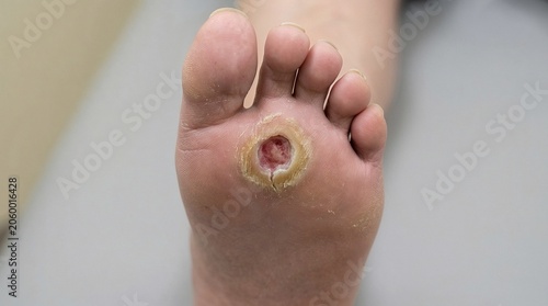 Close-up of diabetic foot ulcer on sole of patient's foot  
