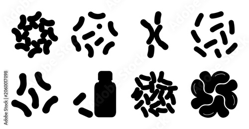 Black abstract molecular and chemical icons set - Minimalist vector icons depicting molecules, chemical structures, and abstract shapes in black for scientific or medical design projects.