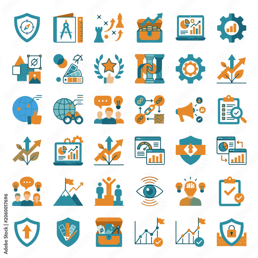 Fototapeta premium Business Growth and Strategy Icons: Success, Planning, Teamwork, Analytics
