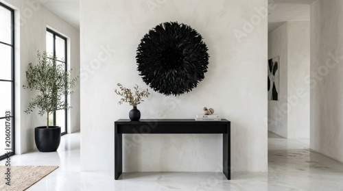 Elegant entryway with black feather wall art and modern console table