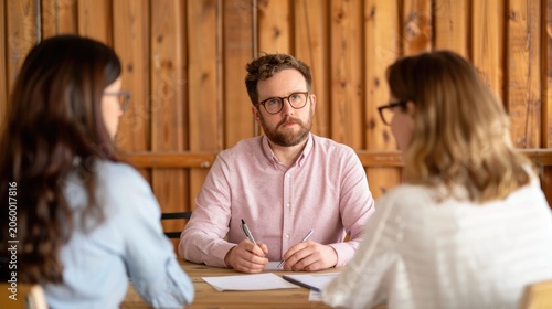 Team of colleagues in a business meeting intently discussing project plans and data while seated at a wooden table with documents and pens fostering collabo n and strategic thinking