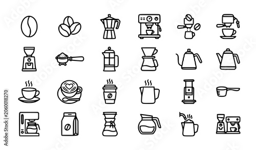 Coffee, espresso and brewing tools icon set
