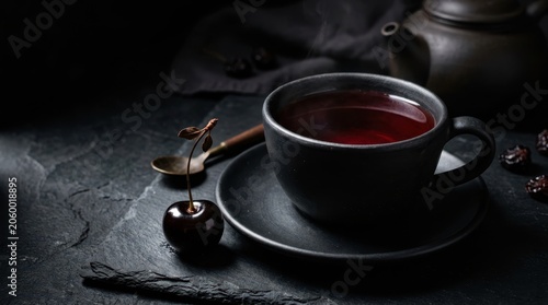 Steaming cup of dark cherry tea with fresh fruit and a teapot
