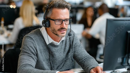 Call Center Agent Focus: A man with glasses and a headset is attentively working at a computer in a busy office environment, representing customer service and professional communication.
